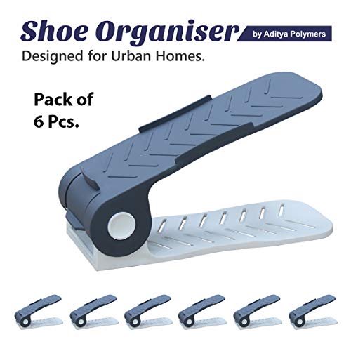 Aditya polymers (Pack of 6 pcs. - Adjustable Shoe Organizers/Organiser/Shoe Shelf/Rack/Slots/holders/Space Saver/double deck/layer/Storage Cum Organizer - Grey & White Combo, Plastic