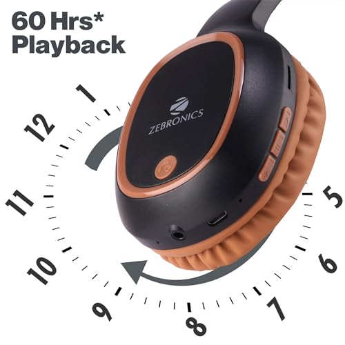 ZEBRONICS Thunder 60 hrs Playback time Bluetooth Wireless Headphone with FM, mSD, Playback with Mic (Brown)