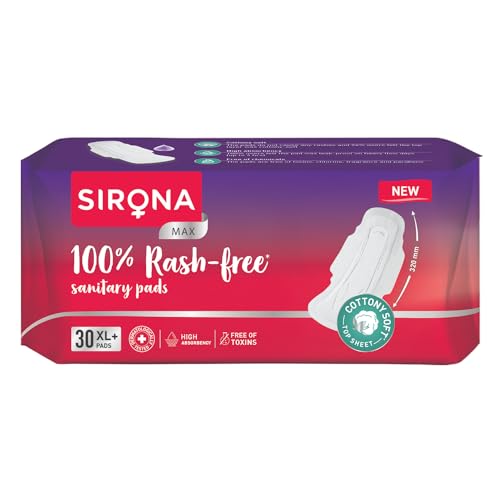 Sirona Max Sanitary Pads for Women | XL Plus (Pack of 30 Pads) | 100% Rash Free & Toxic-Free | Organic Cotton Sanitary Pad | Up to 0% Leakage, Comfortable & High Absorbency