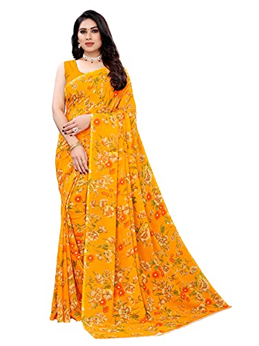 SIRIL Women's Floral Printed Georgette Saree with Blouse(2082S642_Yellow)