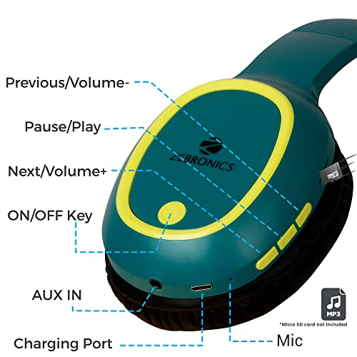 ZEBRONICS Thunder 60 hrs Playback time Bluetooth Wireless Headphone with FM, mSD, Playback with Mic (Teal Green)