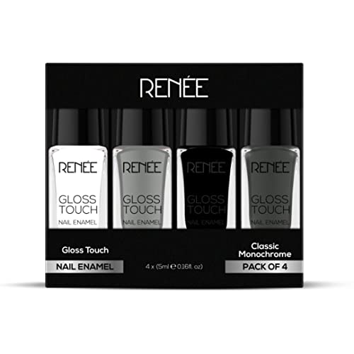 Renee Gloss Touch Nail Paint Set of 4, Quick Drying Nail Polish, Glossy Gel Finish Nail Kit, Highly Pigmented & Long Lasting Enamel, Chip Resistance 5ml Each Gift Set for Women N01 Classic Monochrome