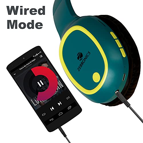 ZEBRONICS Thunder 60 hrs Playback time Bluetooth Wireless Headphone with FM, mSD, Playback with Mic (Teal Green)