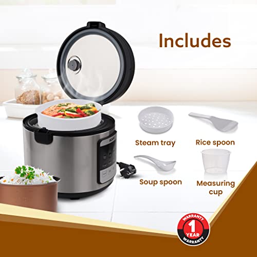 AGARO Royal Electric Rice Cooker,5L Ceramic Coated Inner Bowl,Steam Basket,5 Preset Cooking Function with Advanced Fuzzy Logic,Keep Warm Function,Cooks Up To 8 Cups (1500G) Of Raw Rice,Silver,5 Liter