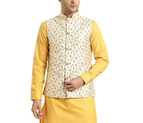 SOJANYA (Since 1958, Mens Silk Blend, Cream & Gold Embroidered Nehru Jacket, Size: 40
