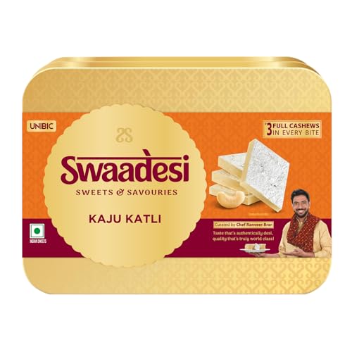 Unibic Swaadesi Kaju Katli 240g I Made with Fresh Cashew Nuts I Traditional Indian Kaju Sweets I Sweets Gifting Tin