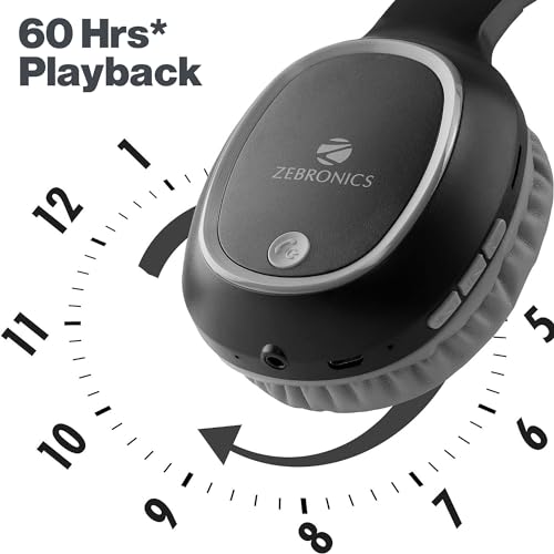 Zebronics Thunder 60 hrs Playback time Bluetooth Wireless Headphone with FM, mSD, Playback with Mic (Black)