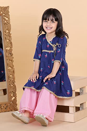 Adiva Kids Floral Printed Angrakha Kurta Sharara Set For Girls (G-1049-BLUE-18)