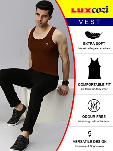 Lux Cozi Men's Pack of 3 Multicolor Round Neck Sleeveless 100% Cotton Vest with Extended Length for Easy Tuck (Size : 90cm)
