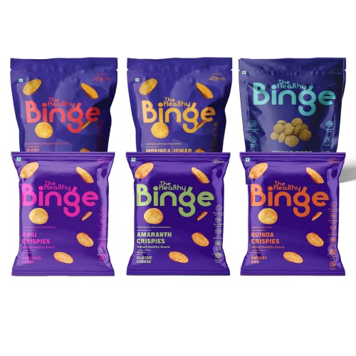 The Healthy Binge Assorted Baked Chips Snacks for Adults and Kids | Ragi, Jowar, Moringa, Amaranth & Quinoa Crispies | Indian Masala, Cajun Spice, Cheese, BBQ, Chatpata Chaat, Salted Caramel | Pack of 6 (40 Gm X 6)