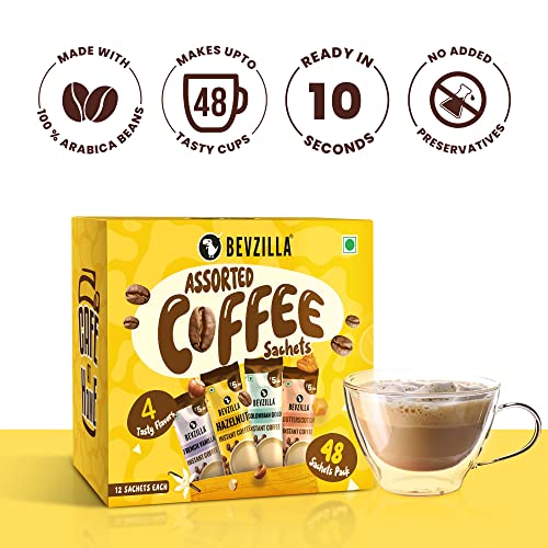Bevzilla 48 Instant Coffee Powder Sachets (48 X2 Gram Sachets)| Turkish Hazelnut, Colombian Gold, French Vanilla & English Butterscotch | 12 Sachets Each Flavour| Hot & Cold Coffee| Makes 48 Cups| 100 % Arabica Coffee| Strong Coffee| Best Coffee| Espresso