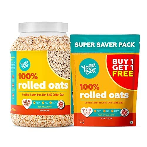 Yogabar 100% Rolled Oats 1kg (Buy 1 Get 1 FREE) | Premium Golden, Gluten Free Oats with High Fibre (1 Kg Each)