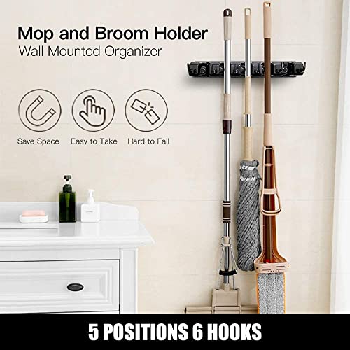 Zollyss Mop And Broom Holder Wall Mount, Heavy Duty Broom Holder Wall Mounted Or Tool Organizer For Home Garden Garage And Storage (5 Positions With 6 Hooks, Black,Plastic)