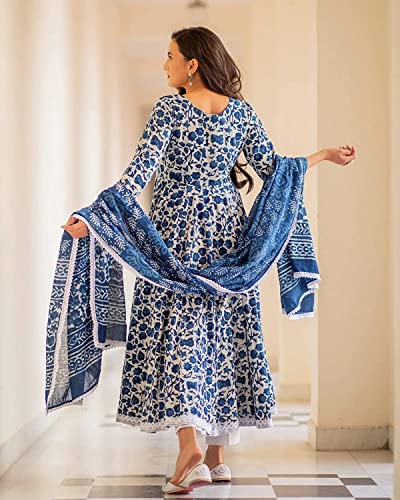 MEERA FAB Women's Cotton Printed Blue Anarkali Kurta With Palazzo & Dupatta Set