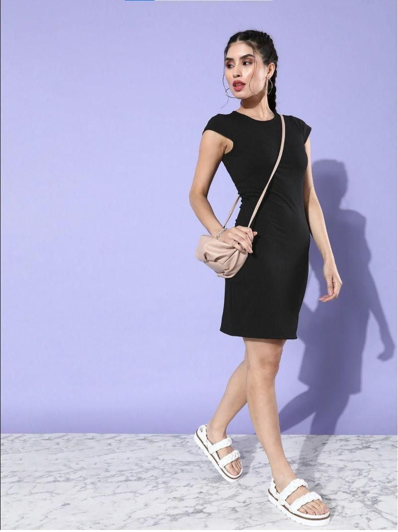 Women's Lycra Solid Cap Sleeves Bodycon Short Dress