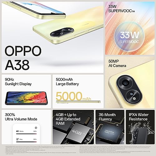 OPPO A38 (Glowing Gold, 4GB RAM, 128GB Storage) | 5000 mAh Battery and 33W SUPERVOOC | 6.56" HD 90Hz Waterdrop Display | 50MP Rear AI Camera with No Cost EMI/Additional Exchange Offers