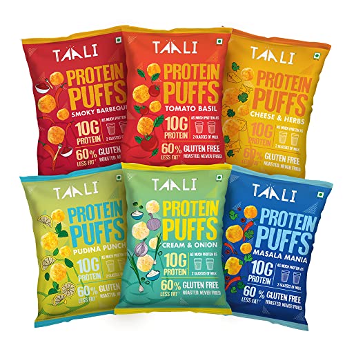 Taali Protein Puffs | 60 gm (Pack of 6) | Try All Flavors Pack | Healthy Roasted Tasty Snacks | 100% Veg, Gluten Free, No Cholesterol, No Trans-Fat