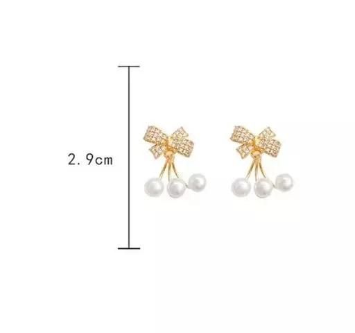 Korean Sweet Gold Plating Cubic Zirconia Butterfly Knot Drop Earrings Bling Cz Zircon Pearl Bow Knot Earring