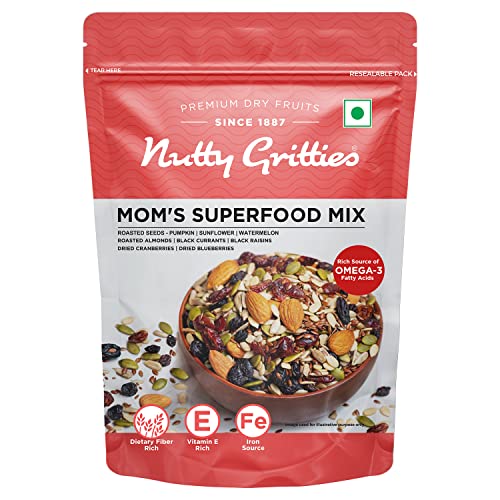 Nutty Gritties Mom's Superfood Healthy Trail Mix 200g - Roasted Almonds | Mixed Roasted Seeds Flax, Pumpkin, Sunflower | Dried Black Currant, Cranberries, Blueberries with Black Raisins| Healthy Snack