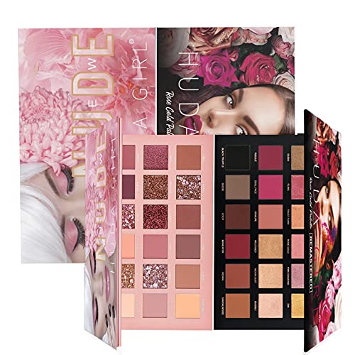 HUDA GIRL Beauty Rose Gold Remastered + Nude Edition Eyeshadow Palette Combo Kit - 36 Matte and Shimmer Finishes, Includes Black Eyeshadow - Complete Eye Shadow Palette Set