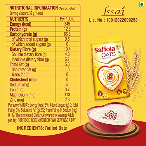 Saffola Oats | Rolled Oats | Delicious Creamy Oats | 100% Natural | High Protein & Fibre | Healthy Cereal for weight loss | 1Kg with 300g Free