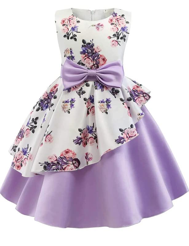 Buy & Try Girl's Satin Floral Printed Knee Length Short Frock Dress. (Purple, 5-6-YEAR)