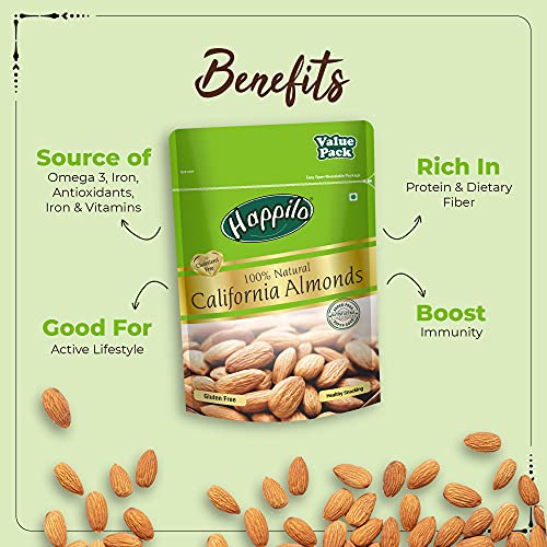 Happilo 100% Natural Premium California Dried Almonds 500g Pack Pouch | Premium Badam Giri | High in Fiber & Boost Immunity | Real Nuts | Gluten Free