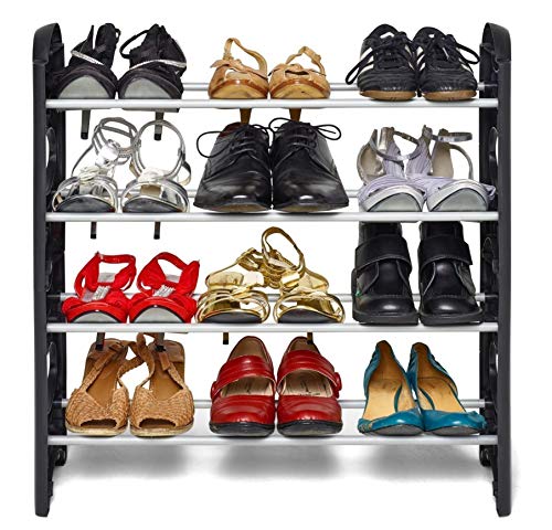 FLIPZON 4 Shelves Shoe Rack, 12 Pairs, Metal & Plastic (Small) (Rustproof) (Black & Silver)