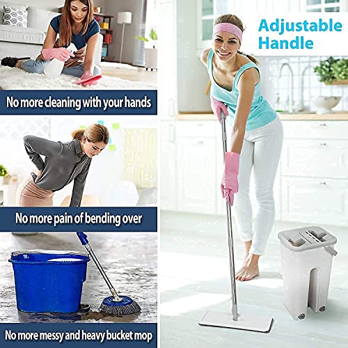Heavy Quality Floor Mop with Bucket, Flat Squeeze Cleaning Supplies 360° Flexible Mop Head/2 Reusable Pads Clean Home Floor Cleaner Wipes