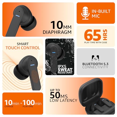 Amazon Basics True Wireless in-Ear Earbuds, Quad Mics ENC, up to 50ms Low-Latency Gaming Mode, IPX5, 25dB Active Noise Cancellation, Bluetooth 5.3, Play Time up to 65 Hours with Fast Charging (Black)