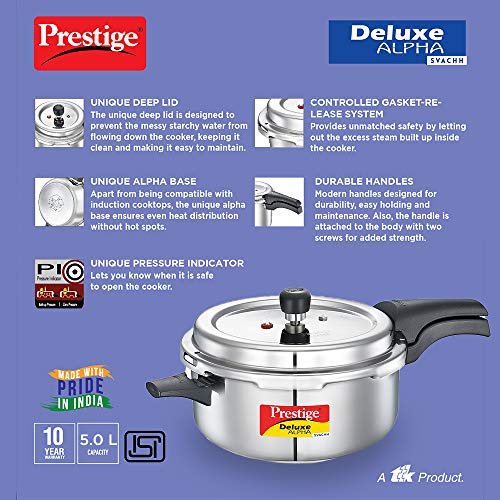 Prestige 5L Deluxe Alpha Svachh stainless steel Pressure Cooker|Outer lid|Ideal for 5-7 persons|Deep lid for spillage control|Gas & induction compatible|Silver