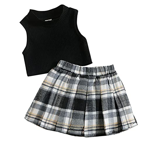 Hopscotch Girls Cotton And  Polyester Sleeveless Checkered Skirt Set in Black Color For Ages 3-4 Years (BE1-4045641)