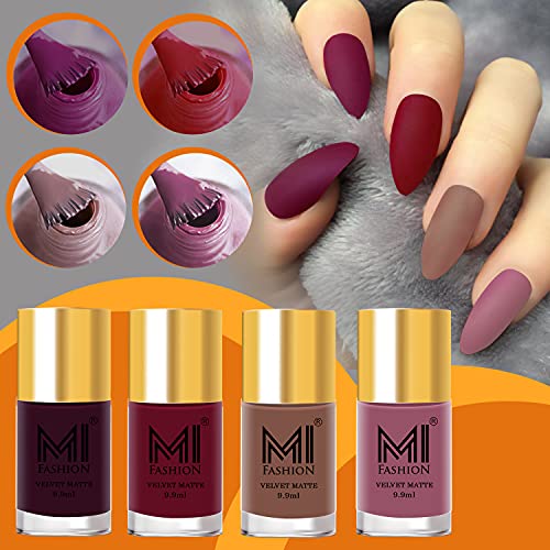 MI FASHION Soft Smooth Unique Matte Finish Nail Polish Combo Sets of 4 Unique Colors - Magenta Red, Bordeaux, Deep Coffee, Rose Taupe 9.9ml each