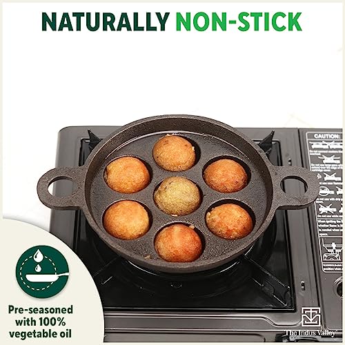 The Indus Valley Super Smooth Cast Iron Paniyaram Pan | Very Small, 7pit, 19cm/7.4 inch, 2.2kg | Induction friendly | Nonstick, Pre-Seasoned Appe/Paddu Pan, 100% Pure & Toxin-free, No Chemical Coating