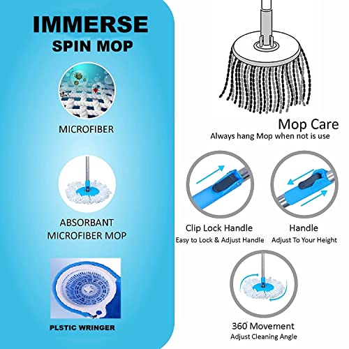 AVZEEGO Bucket Floor Cleaning and Mopping System Spin Mop Prime with Big Wheels and Stainless Steel Wringer,2 Microfiber Refills, (Blue)