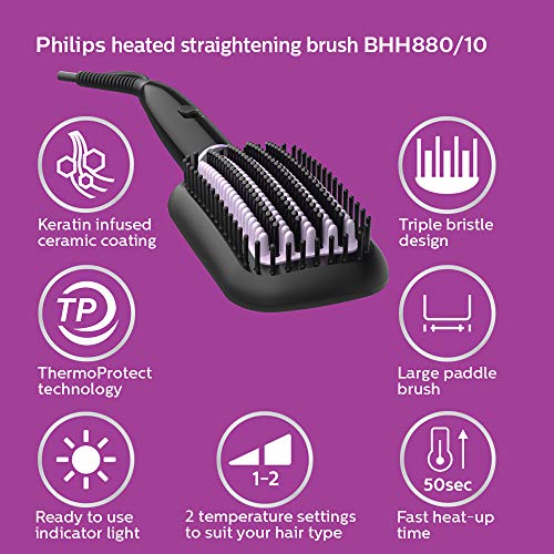 Philips Hair Straightener Brush with CareEnhance Technology - ThermoProtect I Keratin Ceramic Bristles I Triple Bristle Design I Naturally Straight Hair in 5 mins*| BHH880/10