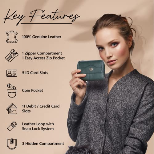HAMMONDS FLYCATCHER wallet for women - Genuine Leather Ladies Wallet - Green - 14 Card Slots - RFID Protection - 3 ID Card Slots - Women's Wallet - Button Closure -Hand Wallet - Daily Use, Money Purse