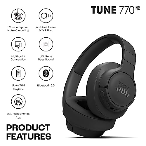 JBL Tune 770NC Wireless Over Ear ANC Headphones with Mic, Upto 70 Hrs Playtime, Speedcharge, Google Fast Pair, Dual Pairing, BT 5.3 LE Audio, Customize on Headphones App (Black)