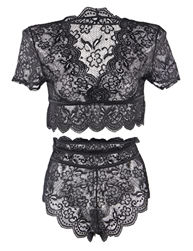 Elecurve Women Lace Lingerie Set 2 Piece Plus Size High Waist Bra & Panty Set Underwear (L-XL) Black