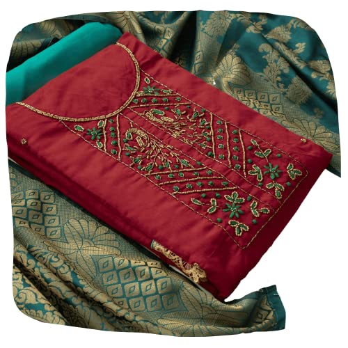 EthnicJunction Women's Chanderi Cotton Hand Embroidered Work Unstitched Salwar Suit Material With Banarasi Dupatta (Red)
