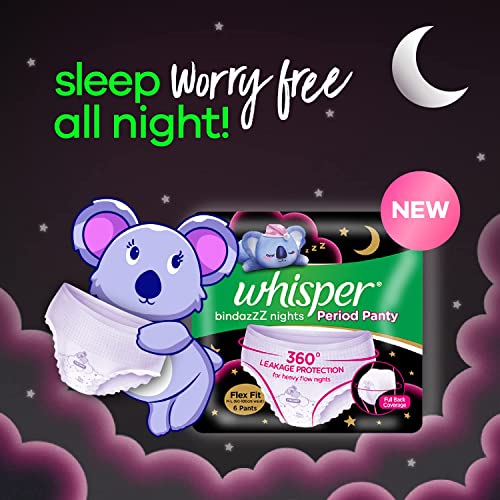 Whisper Bindazzz Night Period Panty|6 M-L Panties|upto 0% Leaks|360 degree leakage protection|Full back coverage|Suitable for Heavy Flow|Flex fit|Soft & comfortable|With disposable wrap
