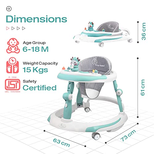 R for Rabbit Little Feet Plus Baby Walker Cum Rocker 3 Level Height Adjustment and 4 Level Seat Adjustment for Baby 6-18 Months with Recreational Toy bar (Green)