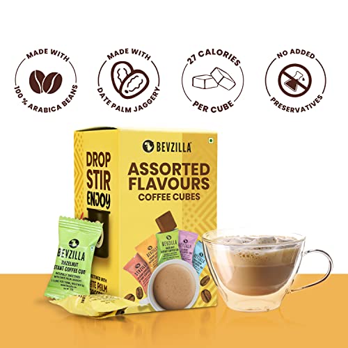 Bevzilla 10 Instant Coffee Cubes Pack with Organic Date Palm Jaggery, 5 Flavours, 100% Arabica Coffee, Vegan, Zero Refined Sugar, Real Ingredients, No Preservatives, Best Coffee (Assorted)