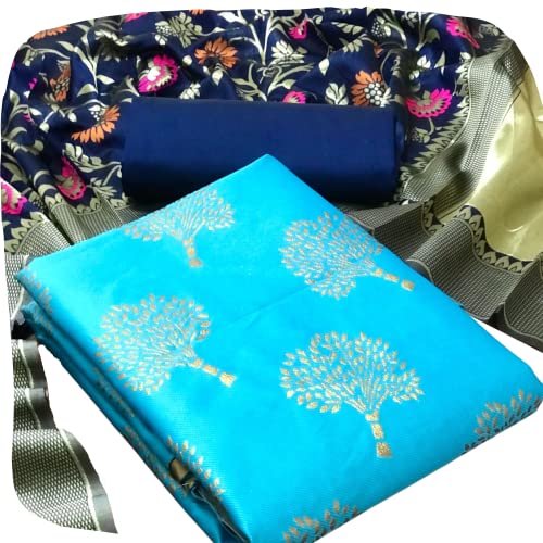 EthnicJunction Women's Cotton Silk Blend Floral Woven Unstitched Salwar Suit Dress Material (EJ4067-Tree-Firozi_Firozi)