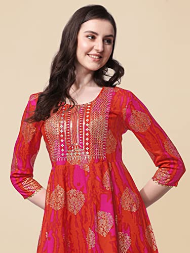 SOURBH Women's Cotton Sequins Embroidery Work Foil Printed A-Line Kurti Only (K9118-Pink, Orange-2XL)