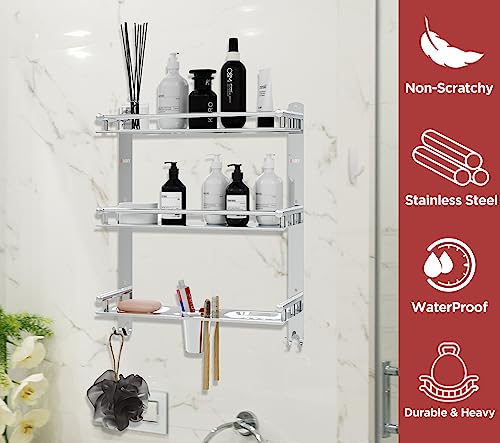 GLOXY ENTERPRISE Stainless Steel 3 Layer Multipurpose Organizer Shelf for Bathroom with Double Soap Dish and Toothbrush Holder Soap Holder Bathroom Accessories (15 x 5 x 19 inch)