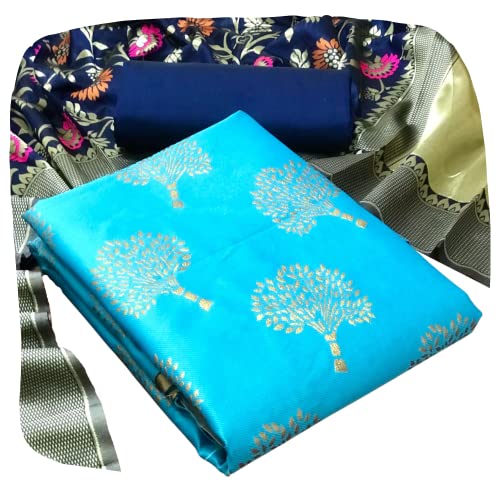 EthnicJunction Women's Cotton Silk Blend Floral Woven Unstitched Salwar Suit Dress Material (EJ4067-Tree-Firozi_Firozi)