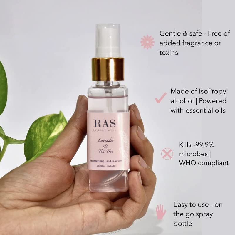 RAS Luxury Oils Lavender & Tea Tree Moisturising Hand Sanitiser Spray | Gentle & Safe | Free of Added Fragrance or Toxins | Powered with Essential Oils | Kills 99.9% Microbes | Easy to Use, 50ml