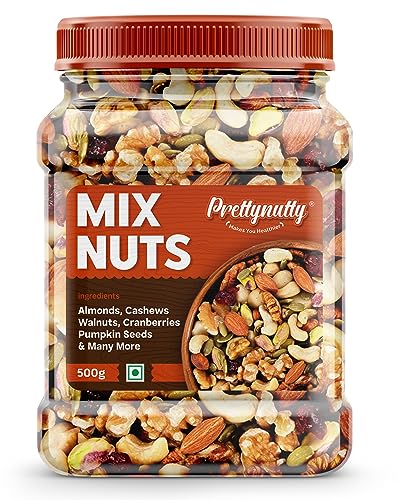 PrettyNutty Healthy Nutmix 500g, Dried Almonds, Black Raisins, Cashewnuts, Cranberries, Green Raisins, Walnut Kernels & Many More.
