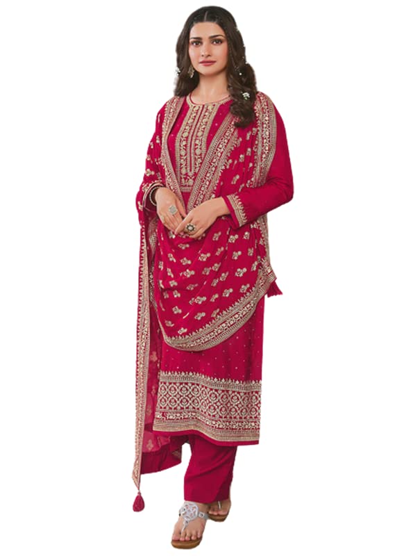 ASISA Women's Rani Pink Dola Silk Embroidery Salwar Suit(Semi Stitched)